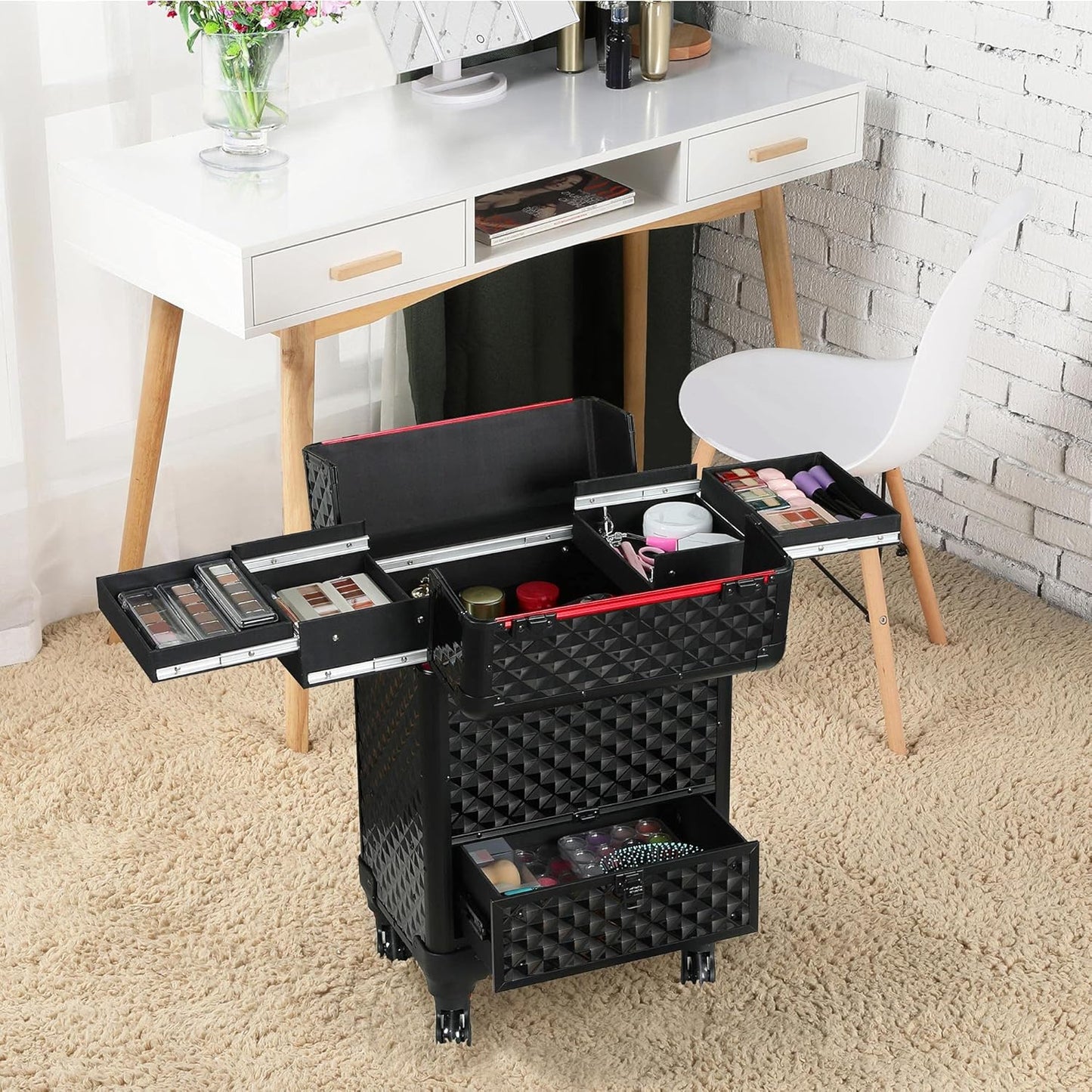 Rolling Makeup Train Case Aluminum Cosmetic Case with Wheels Barber Case Salon Lockable Travel Trolley with Sliding Drawers Removable Divider, Black/Red